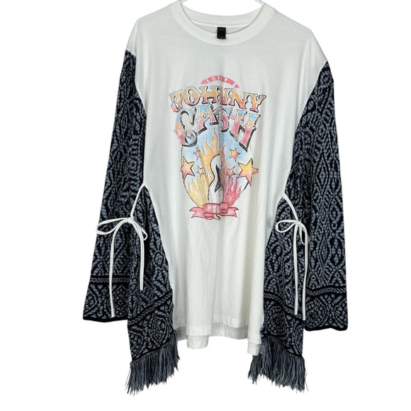 Upcycled Johnny Cash Graphic Long Sleeve Top with Fringe OSFM PTP 32" - Picture 1 of 6